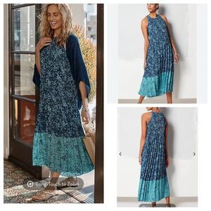 J. Jill Wearever Wms Sm Petite Blue Green Pleated Halter Neckline A Line Long Dr